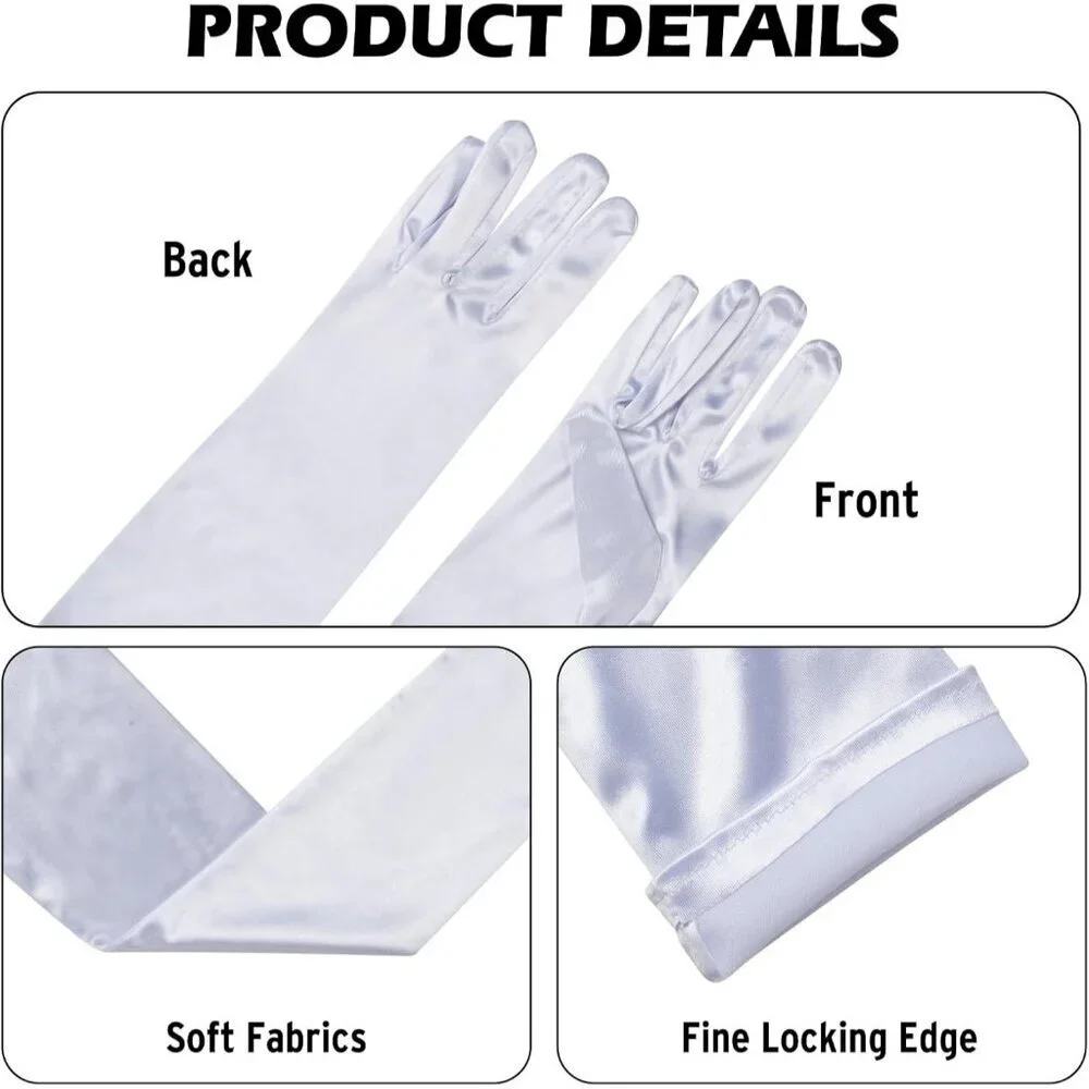 Women's White Long Satin Opera Fabric Gloves Party Tea Stretchy Elbow Length